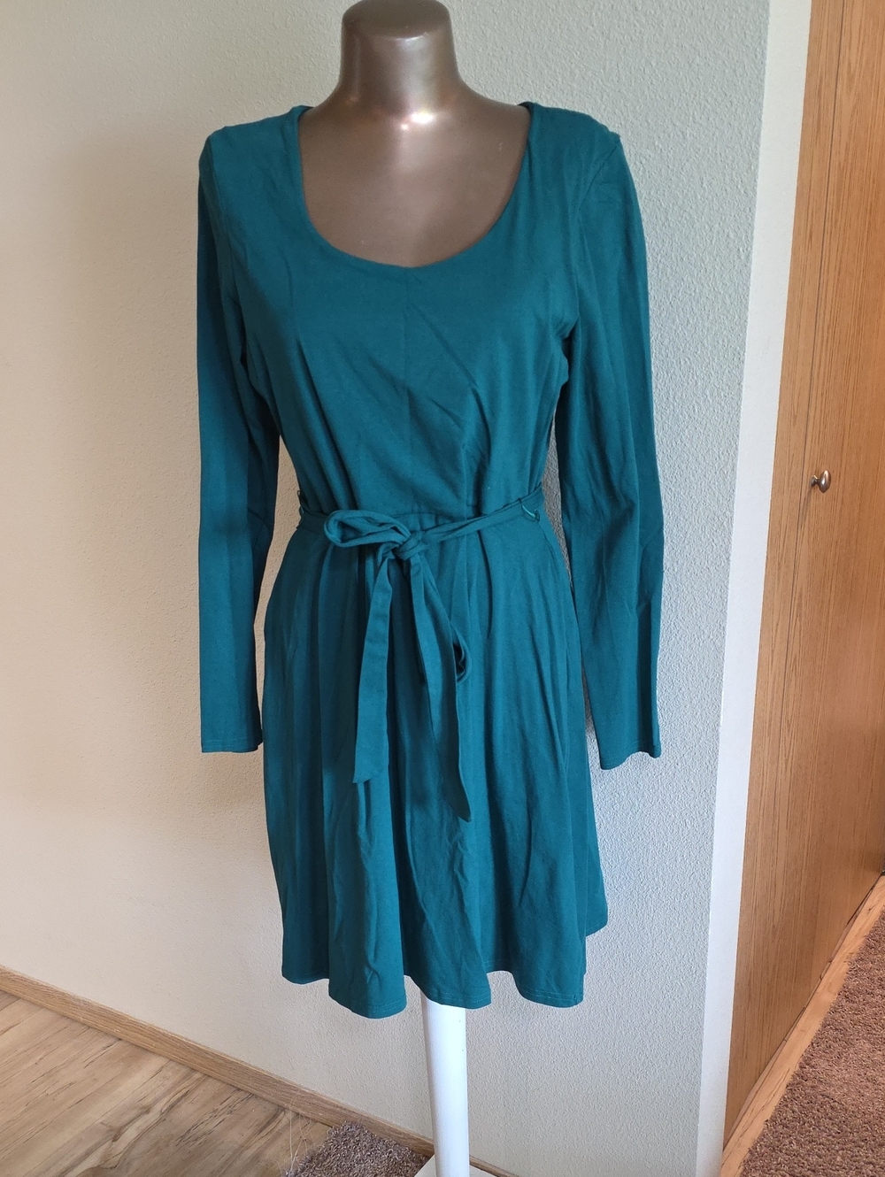 Pact Teal Long-Sleeve Tie-Waist Dress